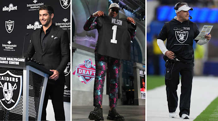 Jimmy Garoppolo stands at the Raiders podium; Tyree Wilson holds his new jersey at the draft; Josh McDaniels walks down the field sideline holding a sheet of paper